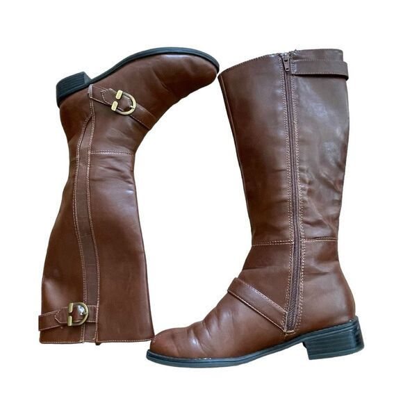 Life Stride Tall Riding Boots Cognac Brown Vegan Leather Buckle Detail Zip 6.5 - Picture 7 of 10